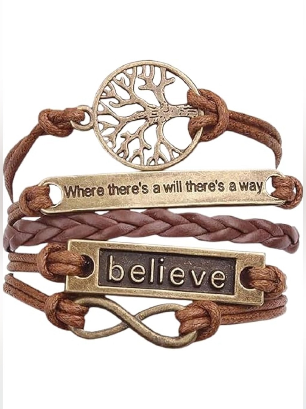 Boho Brown Multi-Strand Believe Tree of Life Inspirational Wrap Bracelet - New